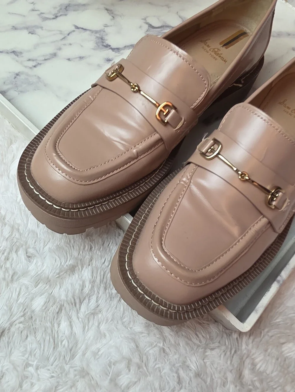 SAM EDELMAN Laurs Lug Sole Loafer In Tan Horsebit Chunky Preppy Academia Size 8